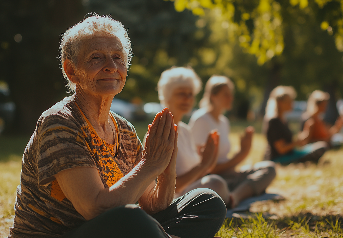 Жінка середнього віку практикує йогу в позі медитації